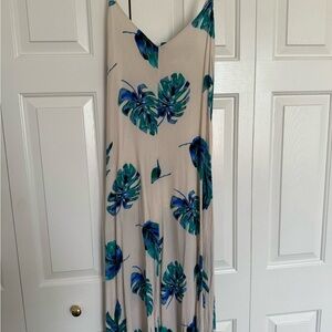 Lush Cream Jumpsuit with Blue and Green Leaf Print